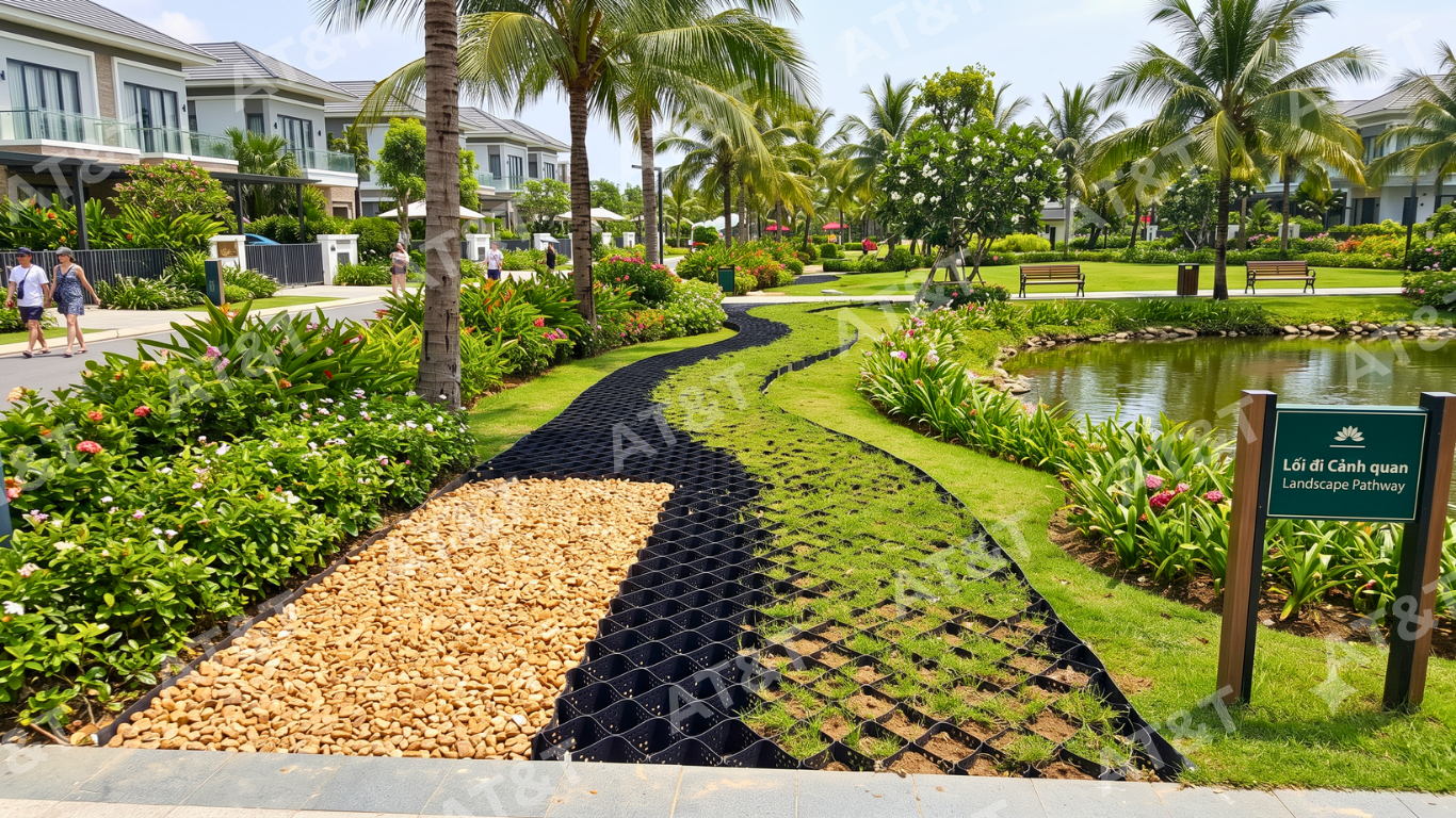Thi công ô Geocell lót lối đi cảnh quan cho resort và công viên